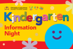 Blue Smiley face against a yellow and red background. Text reads, "Kindergarten Information Night"